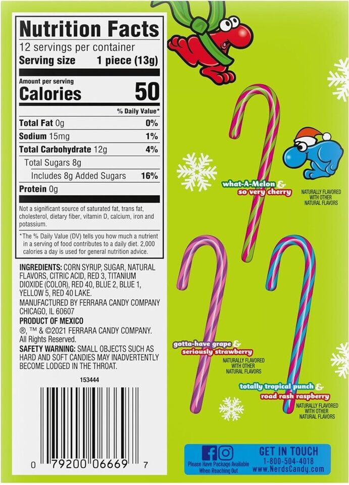 Nerds Tangy Candy Canes - Tropical Punch - Melon - Grape - 12 count
