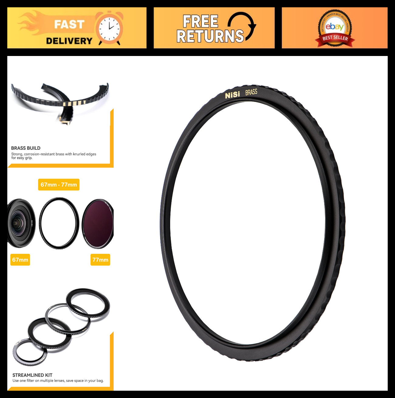 67mm to 77mm Step-Up Ring Adapter - Brass Lens Filter Thread, Matte Black Finish