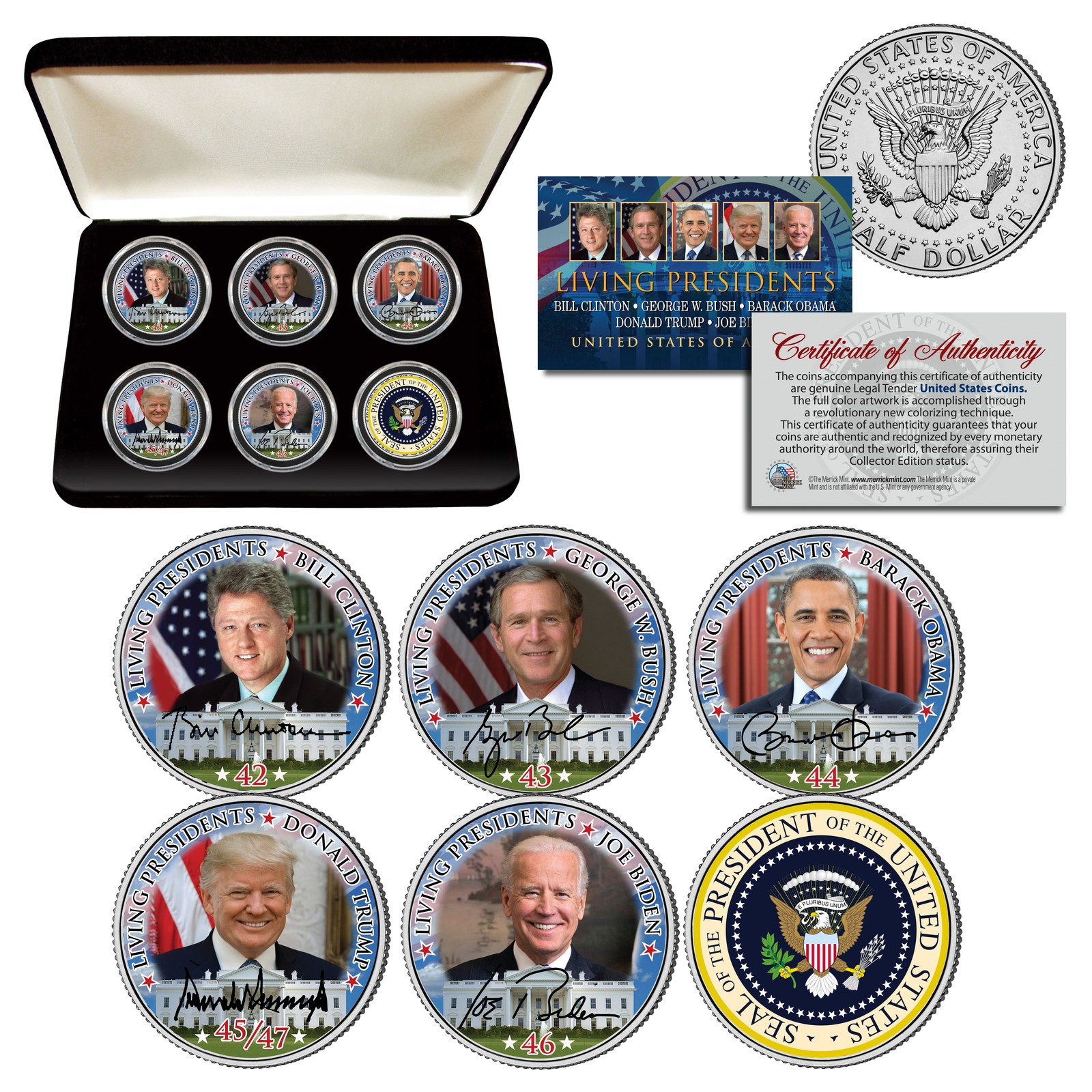 2025 LIVING PRESIDENTS Signature JFK Half Dollar 5-Coin Set & Bonus Coin w/ BOX