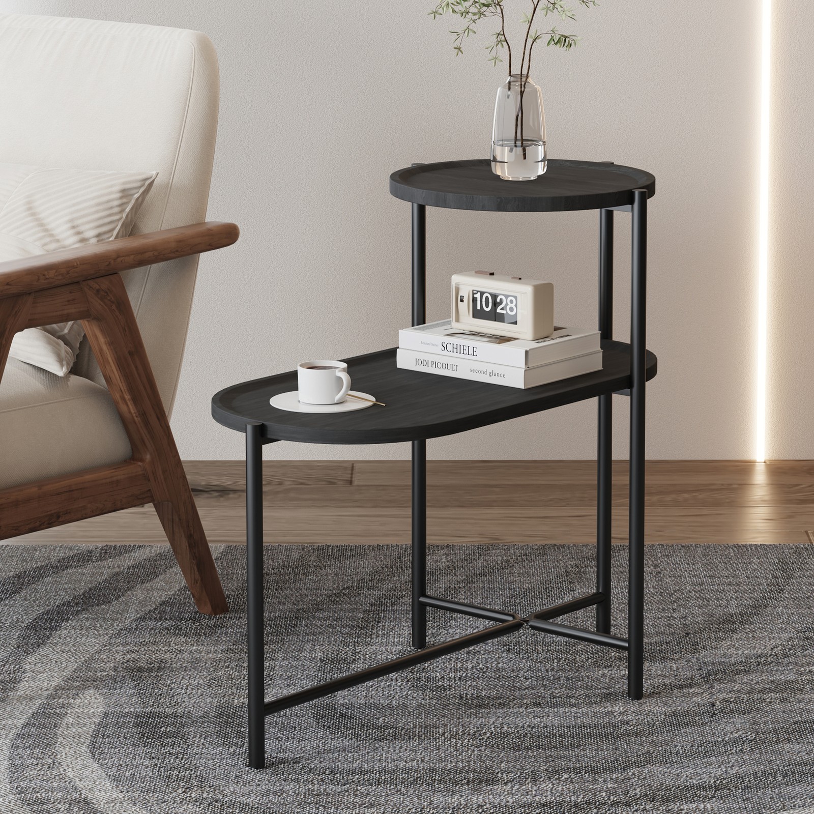 Round Coffee Table with Storage Tray 2 Tier End Tables Wooden Small Side Table