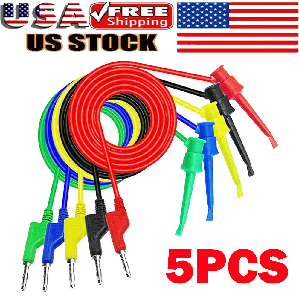 5PC 4mm Stackable Banana Plug To Test Hook Clip Test Leads Mini Grabber Cables