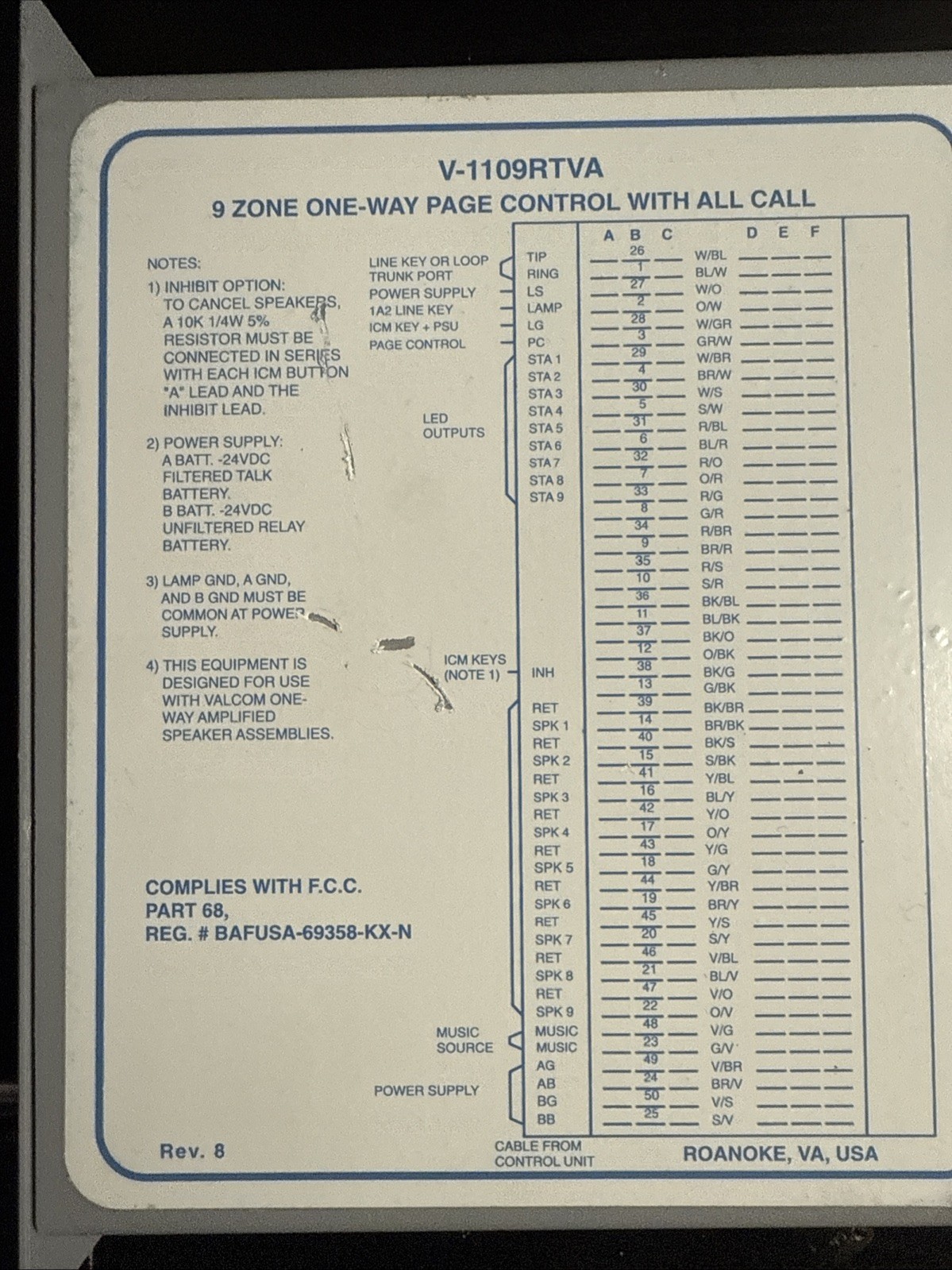 Valcom V-1109RTVA 9-Zone Page Control Intercom