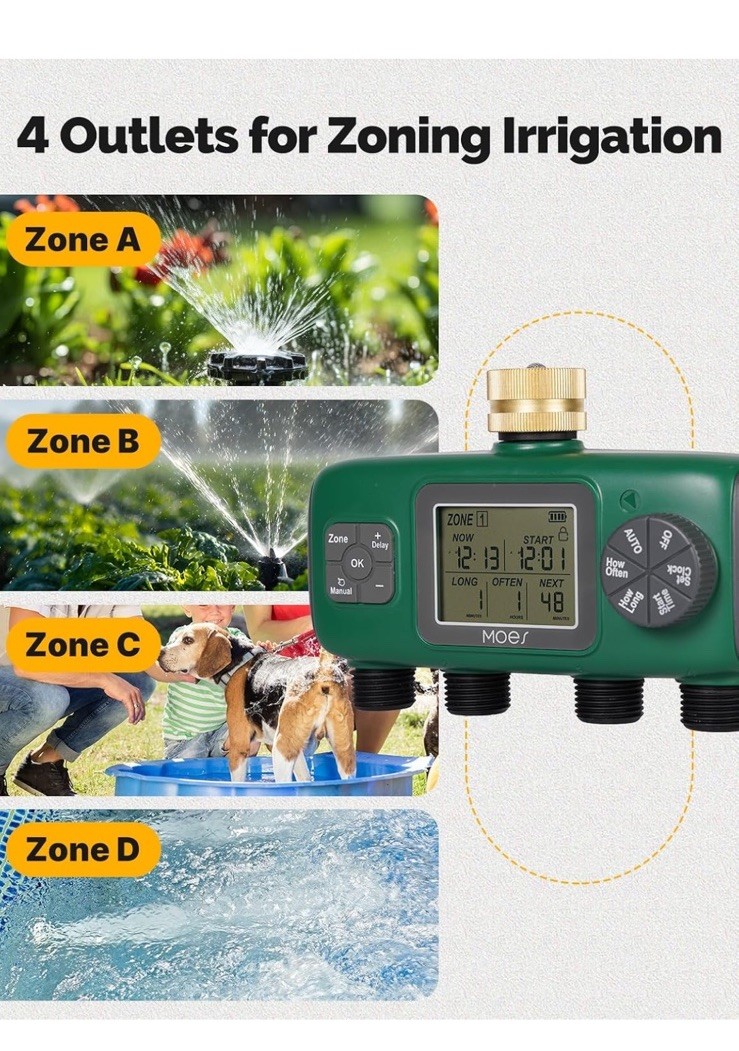 MOES 4 Outlet Sprinkler Timer Brass Inlet Programmable Irrigation Controller New