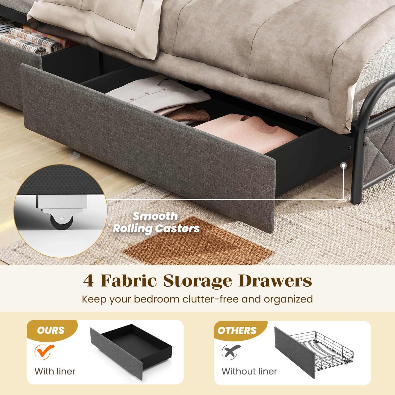 Full Size Bed Frame with LED Lights & Charging Station Storage Headboard