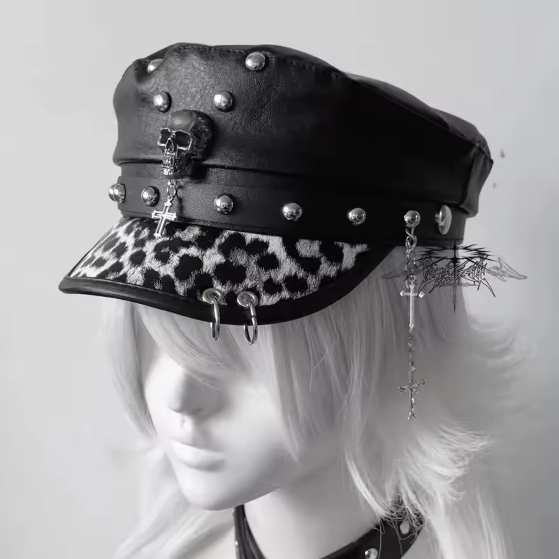 Women PU Leather Military Hat Punk Skull Rivet Chain Captain Cap Biker Beret