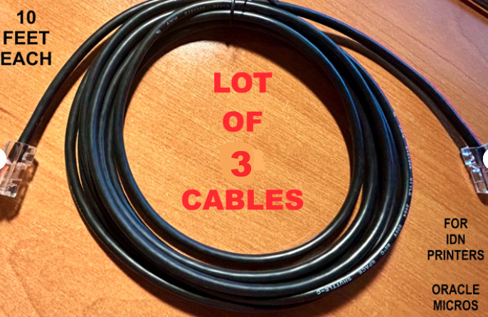 Pack of 3 - IDN Printer Cable RJ45 male 8-pin to RJ12 male 6-pin  10'