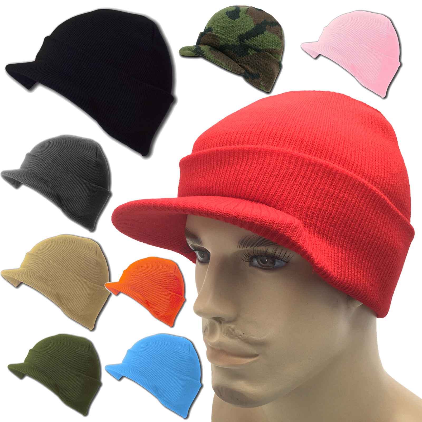 Beanie Beanies Plain GI Jeep Cap Caps Hat Visor Ski Knit Thick Warm Winter Skull