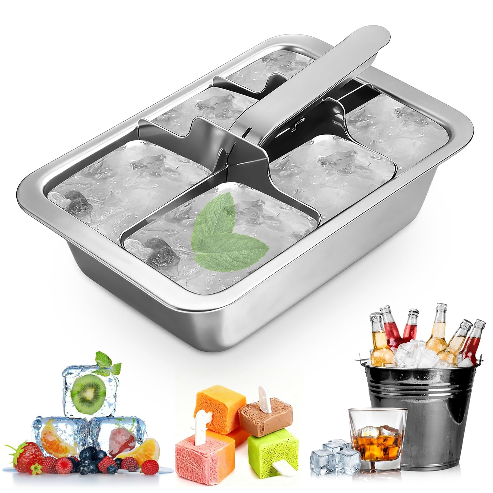 Large 6 Cube Stainless Steel Ice Trays Reusable Metal Ice Maker Freezer