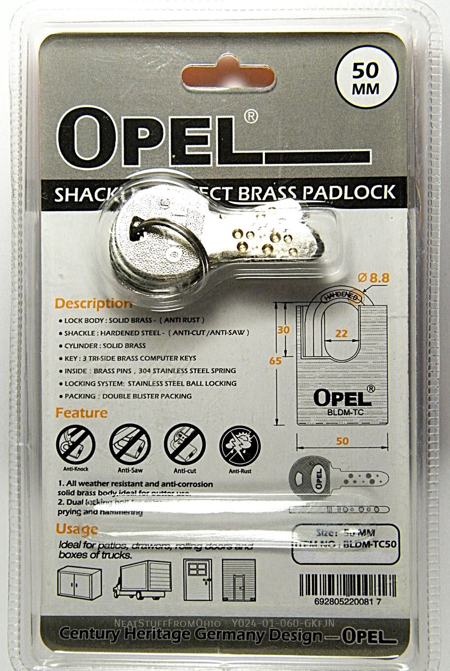 PADLOCK, DIMPLE KEY, HIGH-SECURITY, LARGE 50MM, 5 DIFFICULT TO DUPLICATE KEYS