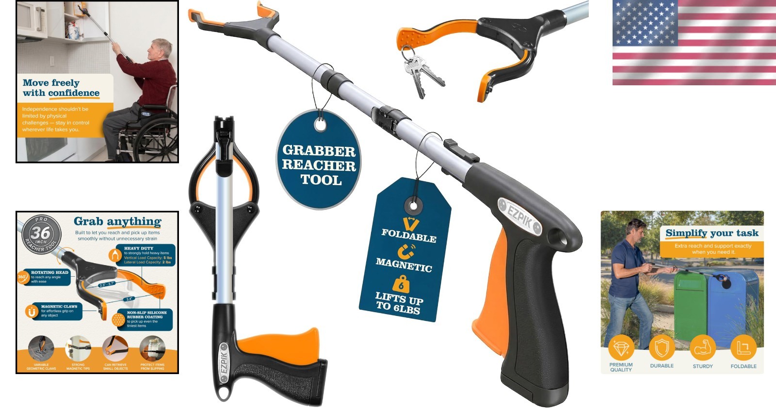 36" Folding Grabber Tool with Magnets for Seniors