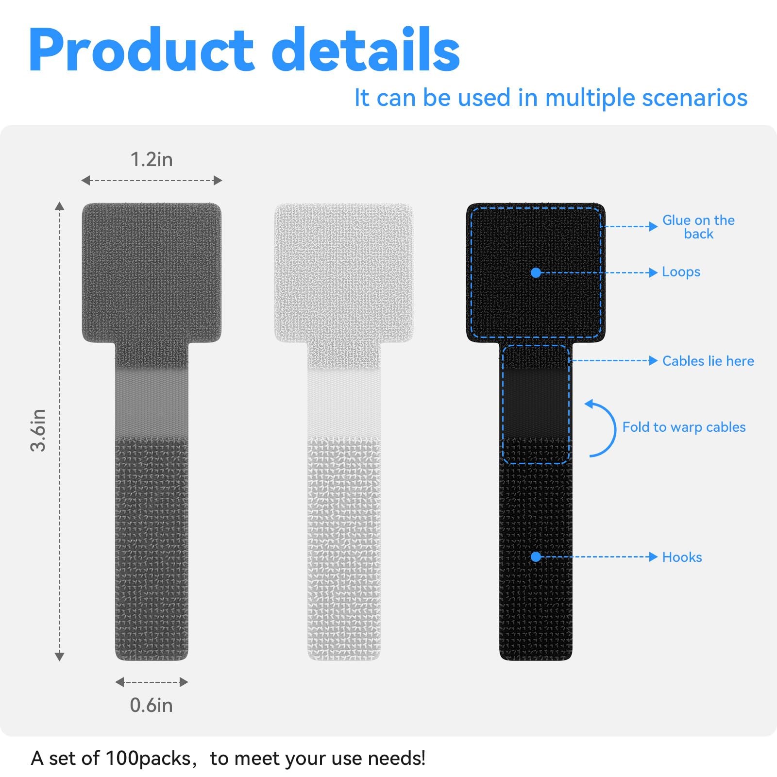 100Pcs Cable Straps Hook and Loop Cable Ties - Cable Holder for Desk Cable Ma...