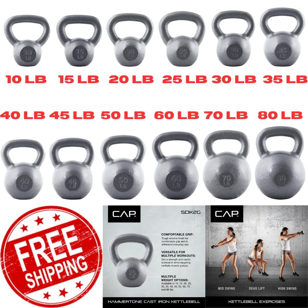 CAP Barbell Cast Iron Kettlebell Single 10-80 Pounds Strength Training Weights