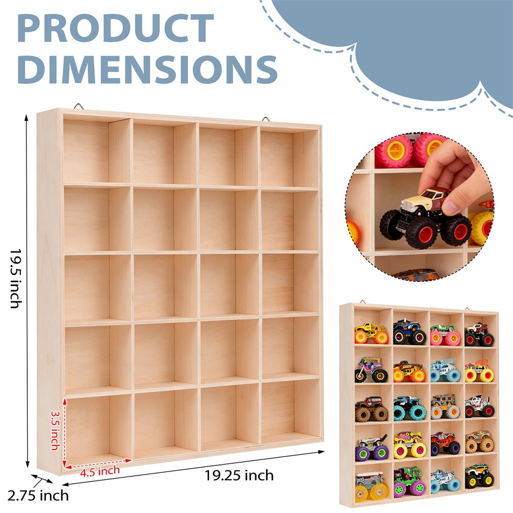 Wood Display Case 20-Slot Organizer for Monster Trucks Storage Wall-Mountable