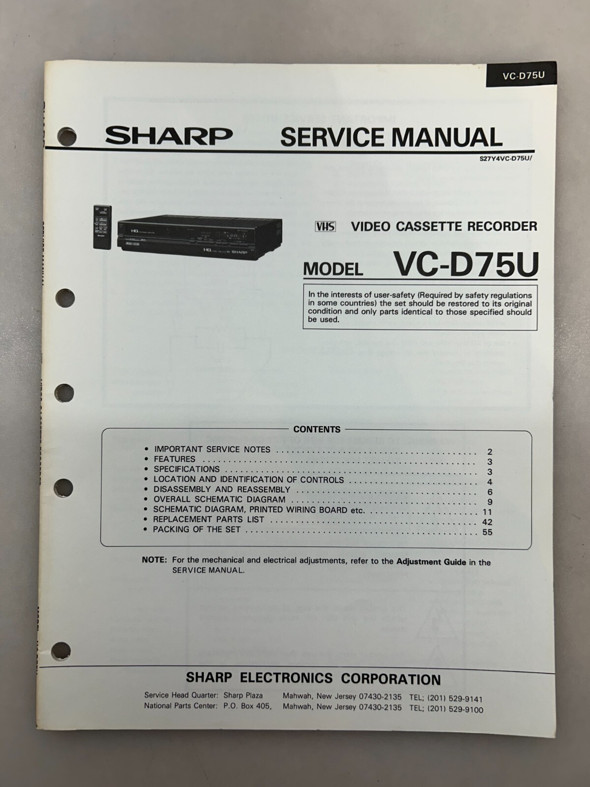 Sharp VC-D75U Original Service Manual Free Shipping