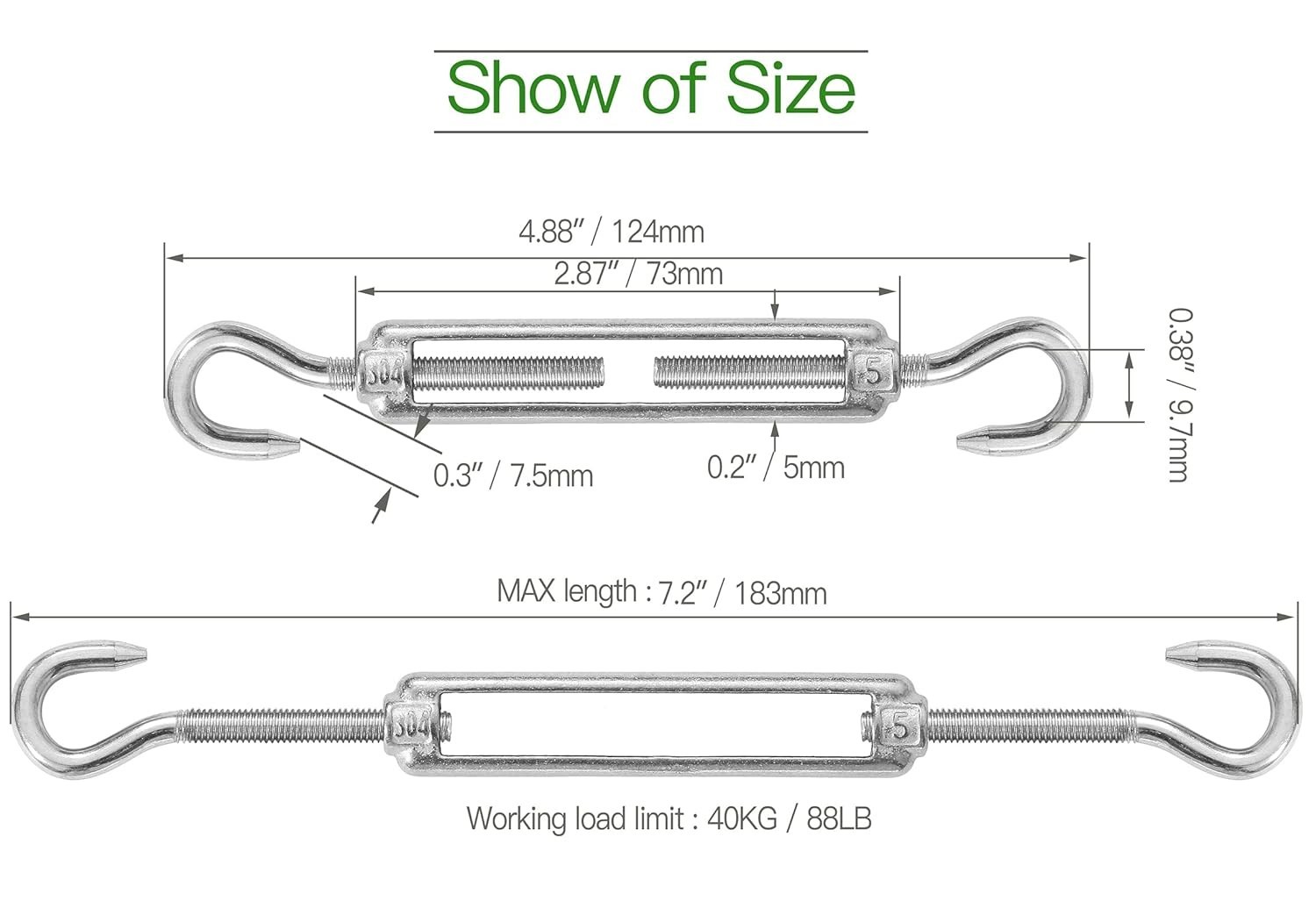 Durable M5 Hook & Hook Turnbuckle Set - Corrosion Resistant, 125lbs Capacity