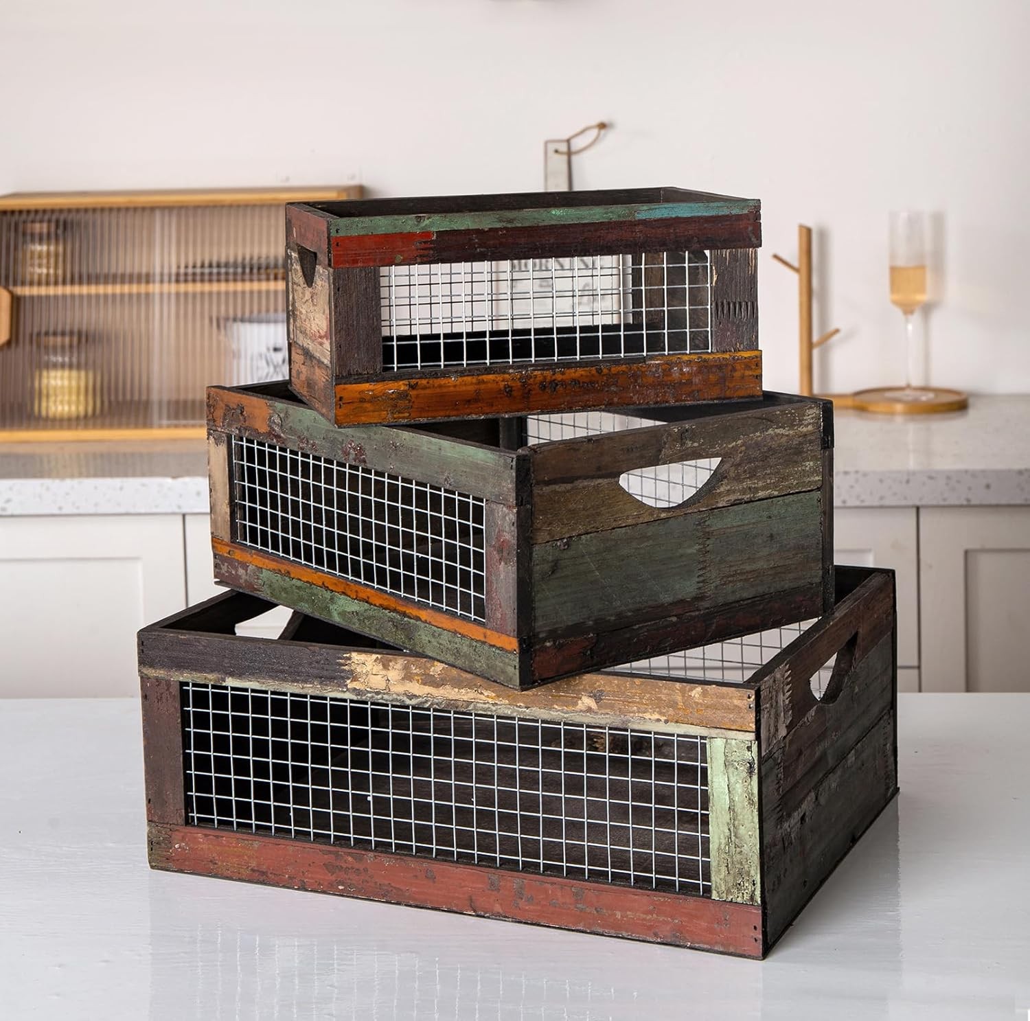 Set of 3 Rustic Wood Nesting Crates Farmhouse Distressed Wooden Storage Boxes