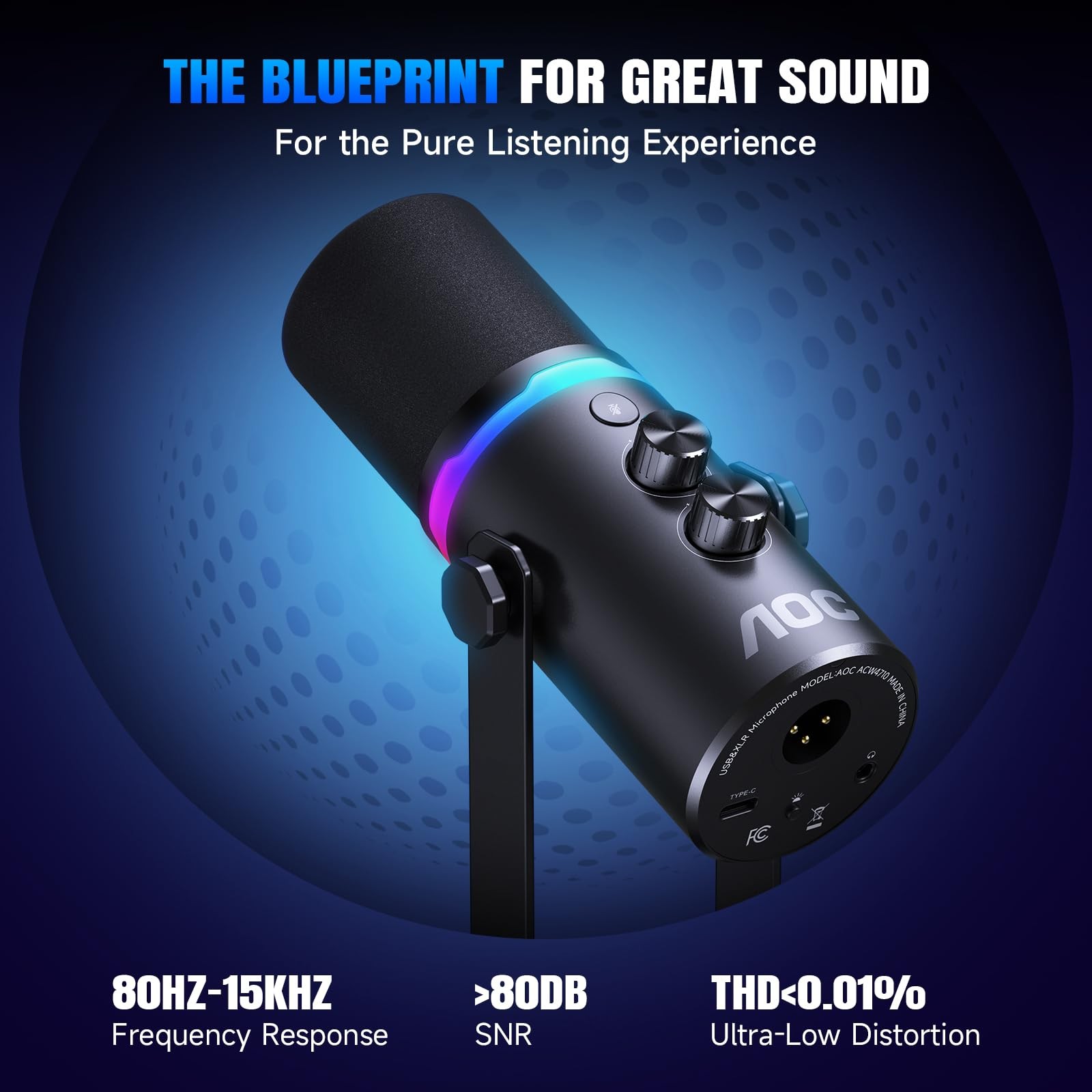 AOC Dynamic Microphone,PC Gaming Mic with RGB Light,USB/XLR Podcast Black