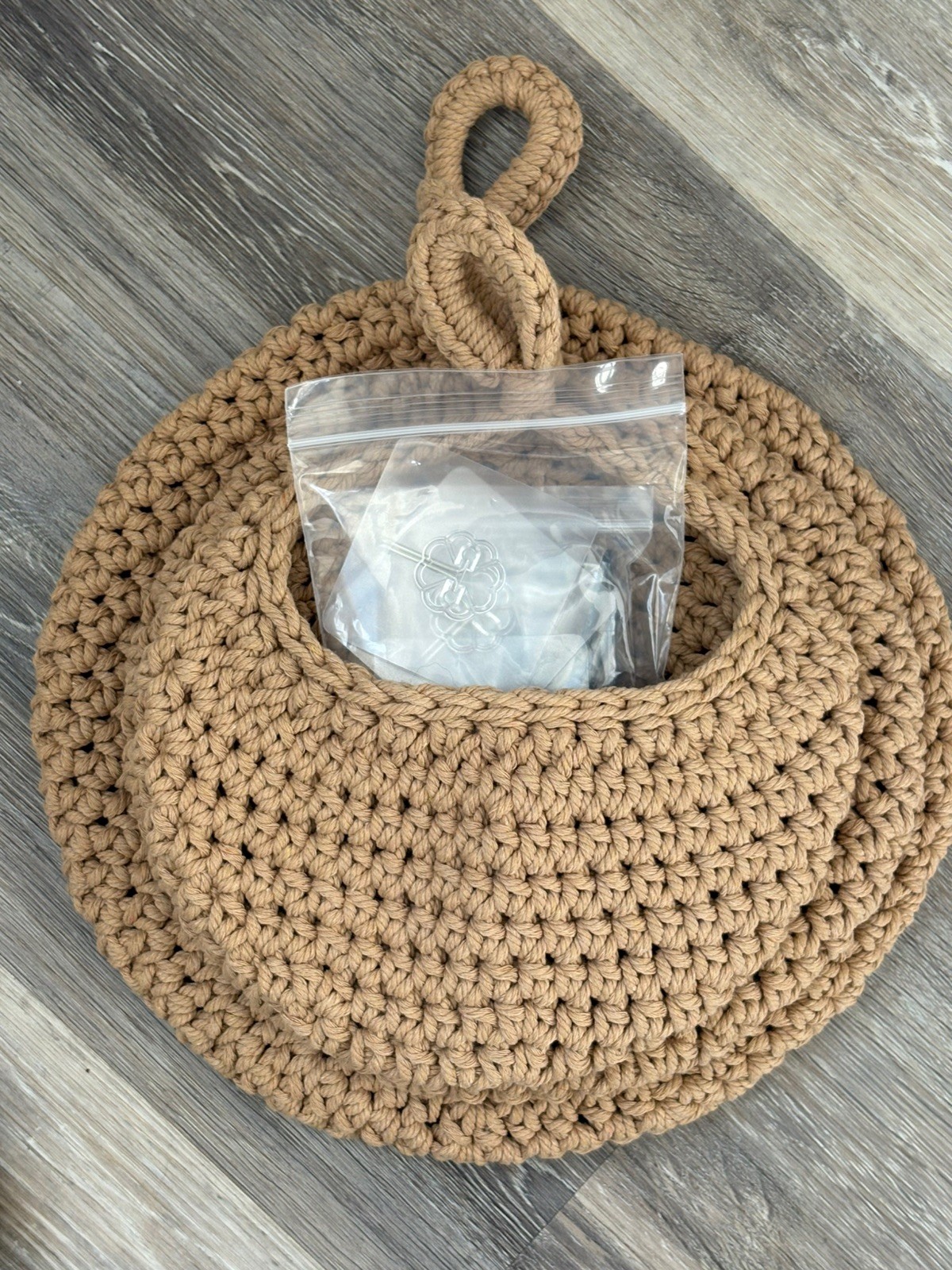 3 Crochet Wall Hanging Basket Covers Tan Vary Size Handmade w Hooks NOS BOHO