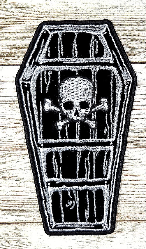 Coffin With Skull & Crossbones Iron On Embroidered Patch 2 7/8"x 5"