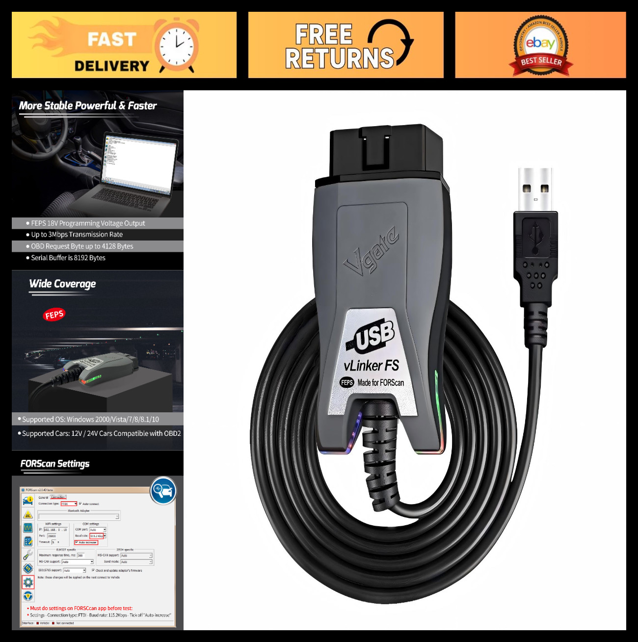 OBD2 USB Adapter for FORScan | Vgate vLinker FS, HS/MS-CAN Auto Switch Tool
