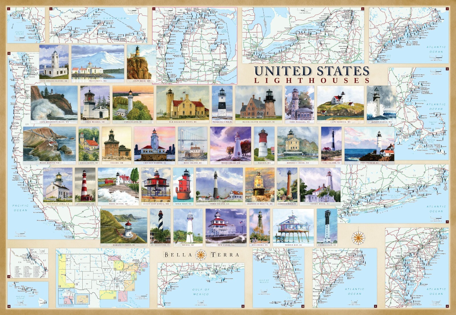 United States Lighthouses Illustrated Map Poster 27"x39". Laminated, No Glare