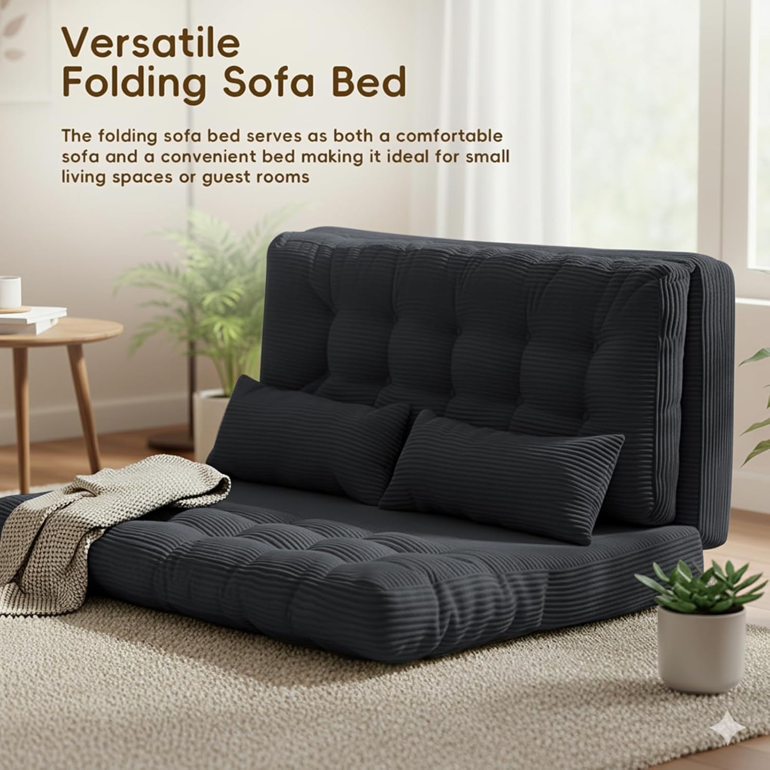 Convertible Sofa Bed 54x91 Inch Thick Tufted Folding Sofa Bed W/ 2 Pillows