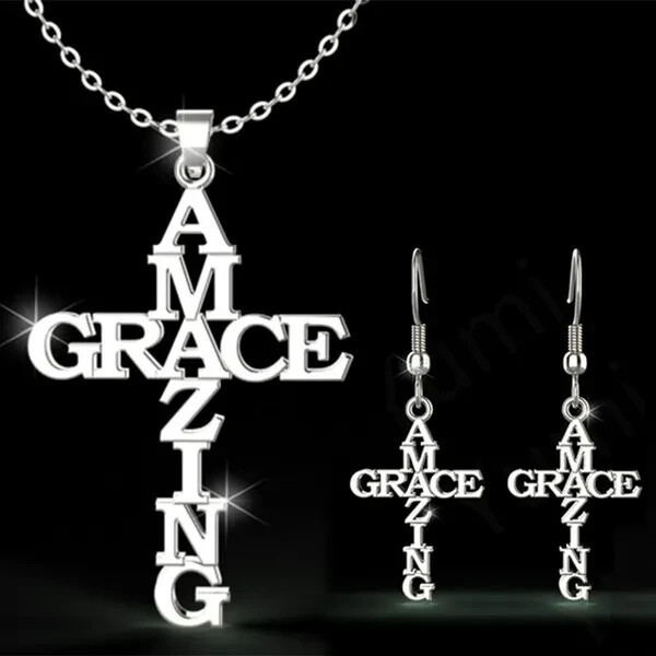 Stainless Steel Amazing Grace Cross Necklace & Earring Set - Silver, Christian
