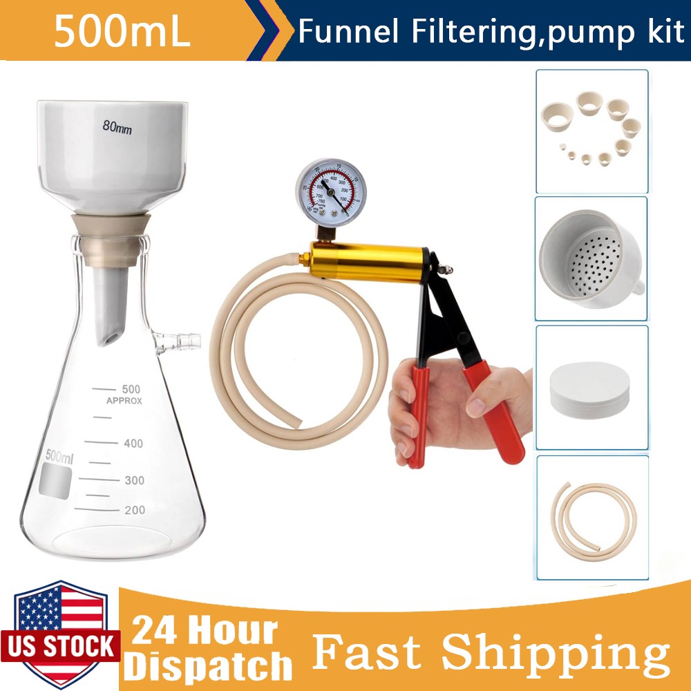 500ml Buchner Funnel Flask Kit with Hand Pump Vacuum Filtering Lab Filters US