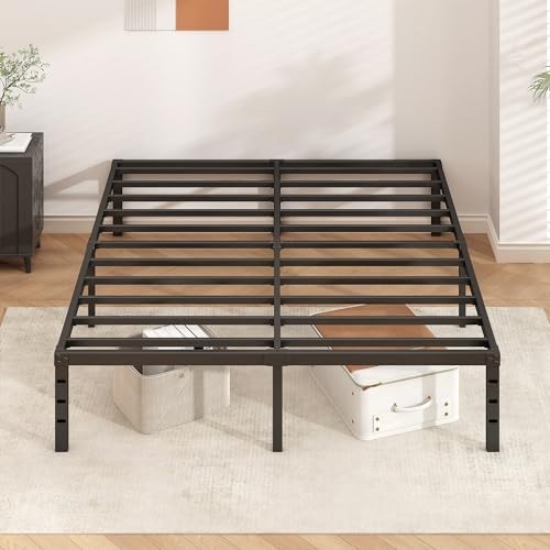 Full Size Metal Platform Bed Frame, 14" Tall, No Box Spring, Heavy Duty Slats, E