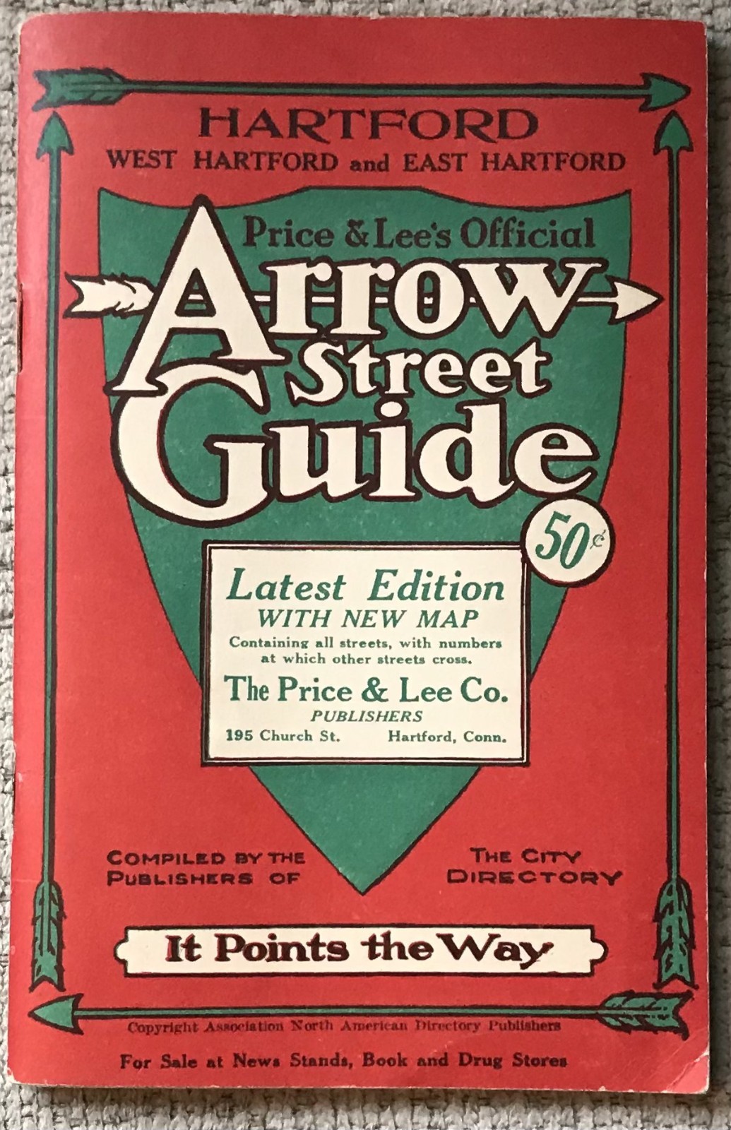 " ARROW STREET GUIDE: HARTFORD, WEST HARFORD AND EAST HARTFORD " 1948 FOLDED MAP