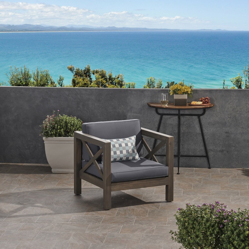 Modern Grey Club Chair w/ Water-Resistant Cushions - Acacia Wood Frame for Patio