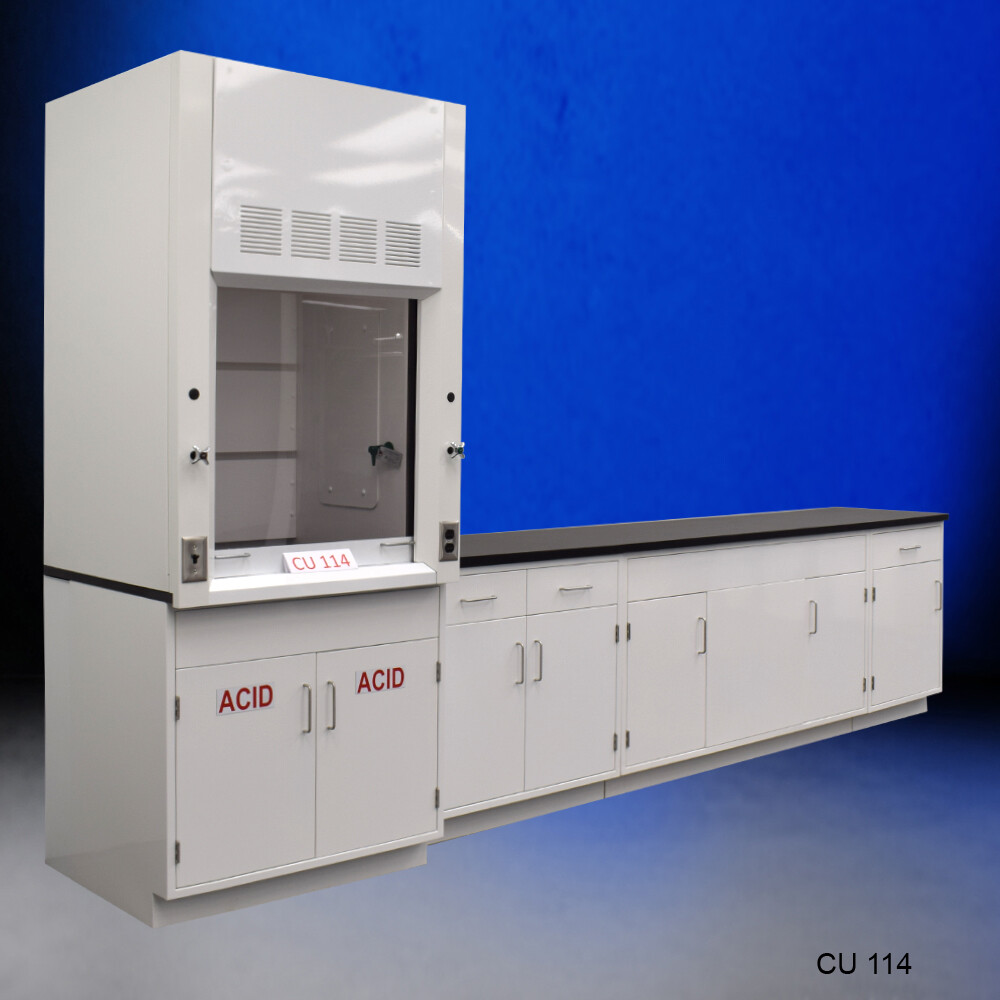 Fisher American 3' Fume Hood w/ ACID &10' Laboratory Cabinets / E1-379