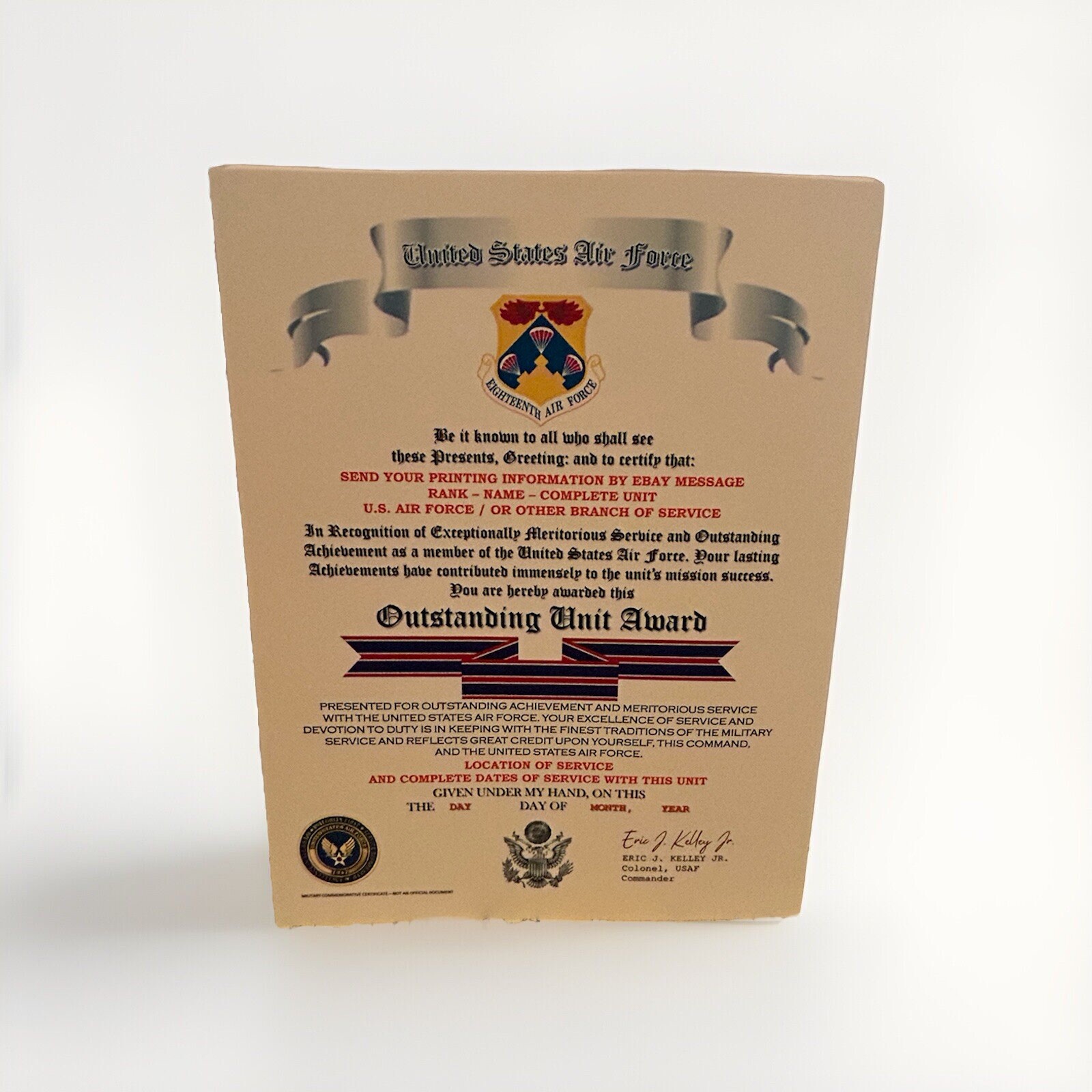 U.S. AIR FORCE / EIGHTEENTH AIR FORCE - OUTSTANDING UNIT AWARD CERTIFICATE