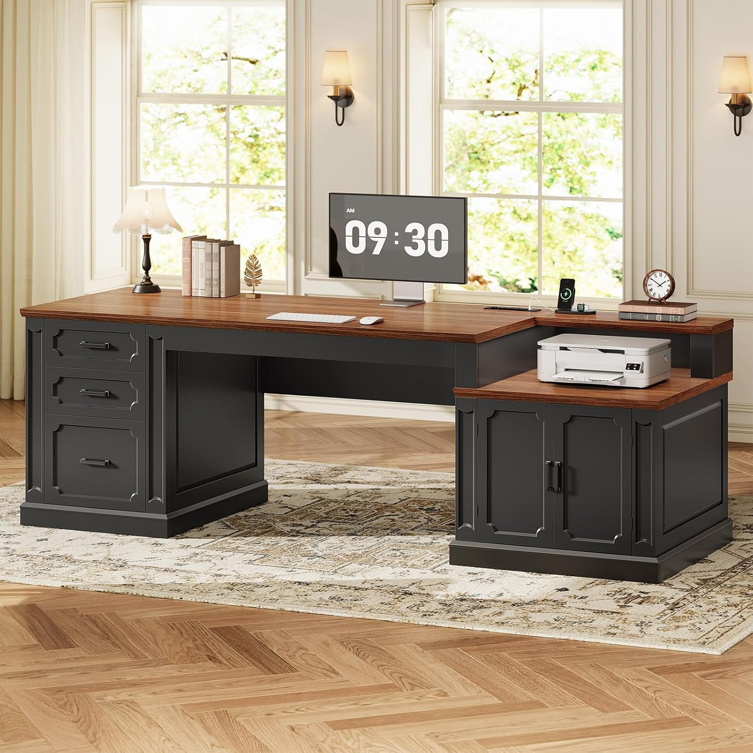 SEDETA Farmhouse 70.9" Executive Desk, Home Office Desk with File Drawers and St