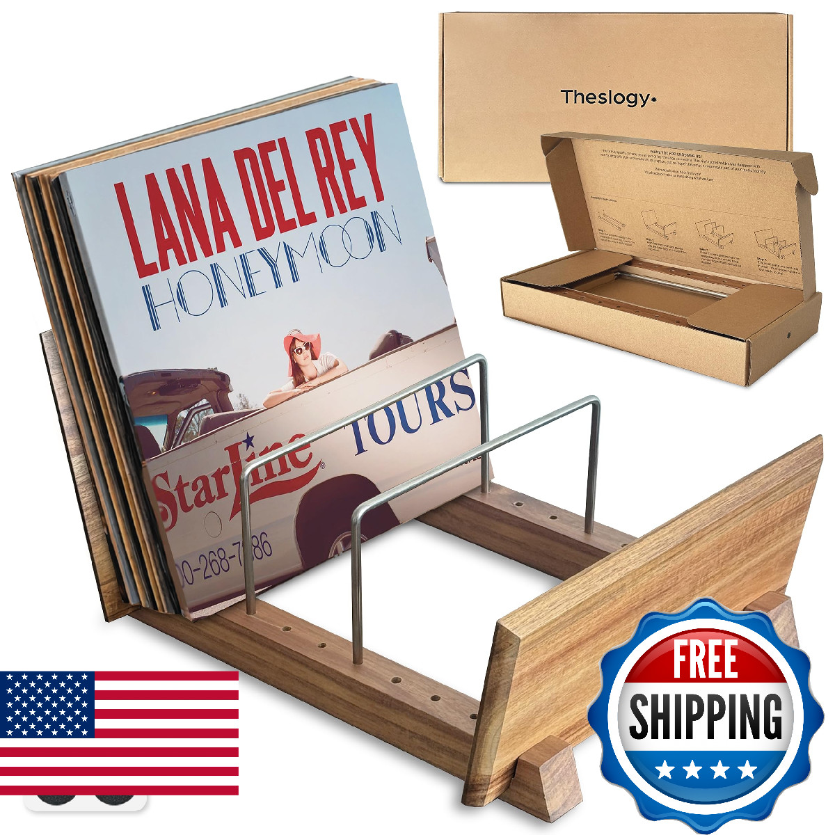 Theslogy Vinyl Record Storage Holder - Solid Acacia Wood & Metal, Sturdy Record