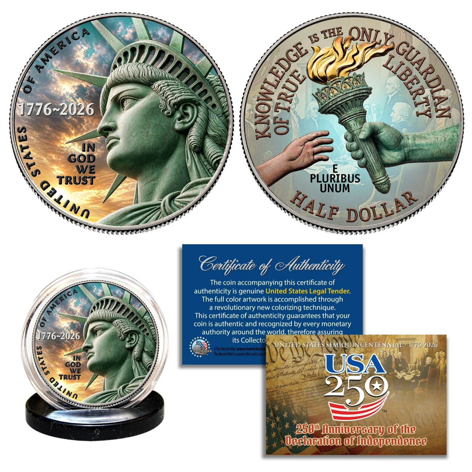 1776-2026 Enduring Liberty Half Dollar BU Coin America 250 * Colorized 2-Sided *