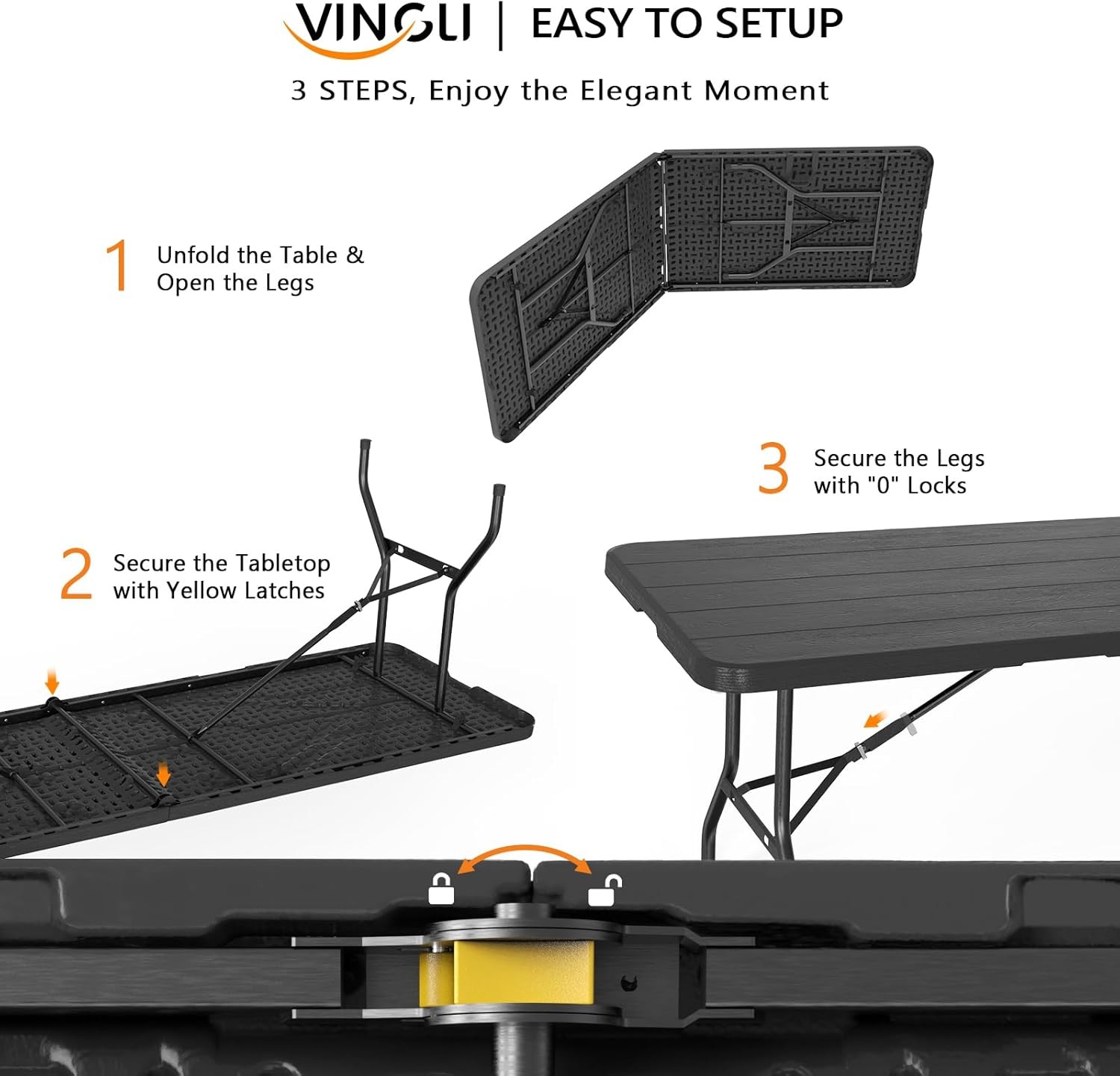8ft Plastic Folding Table Portable Long Table Rectangular with Handles, Black