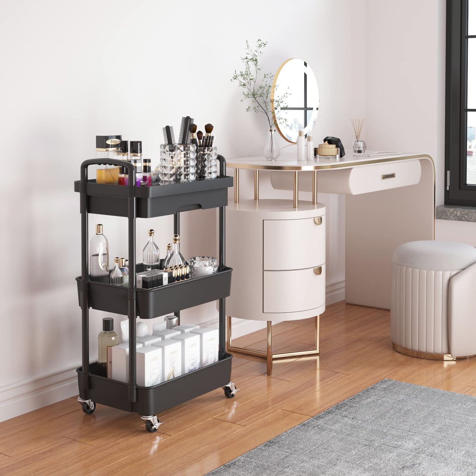 3-Tier Rolling Utility Cart with Drawer,Multifunctional Storage Organizer wit...