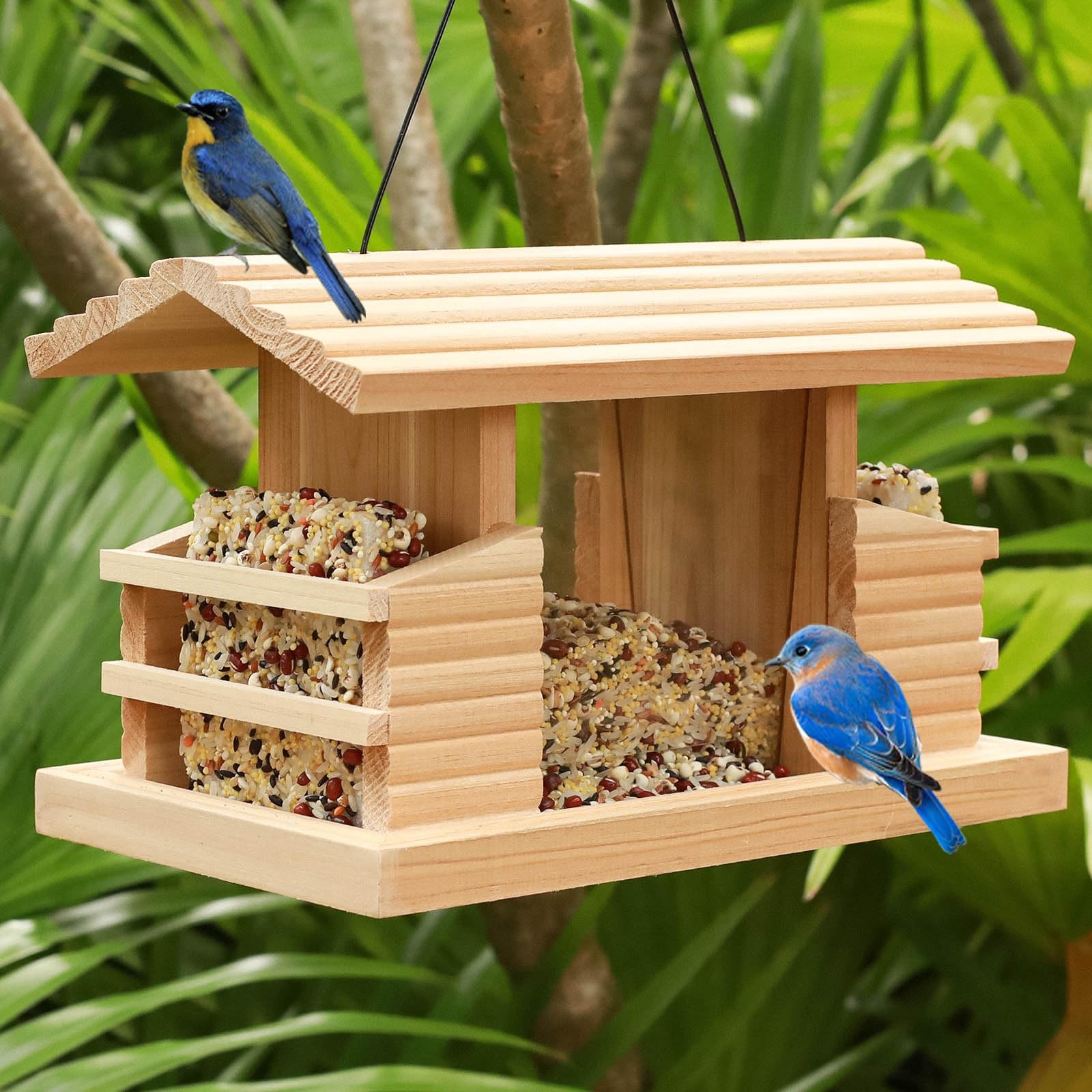 Double Suet Cake Bird Feeder, Wooden Hanging Platform with Windows, Wood