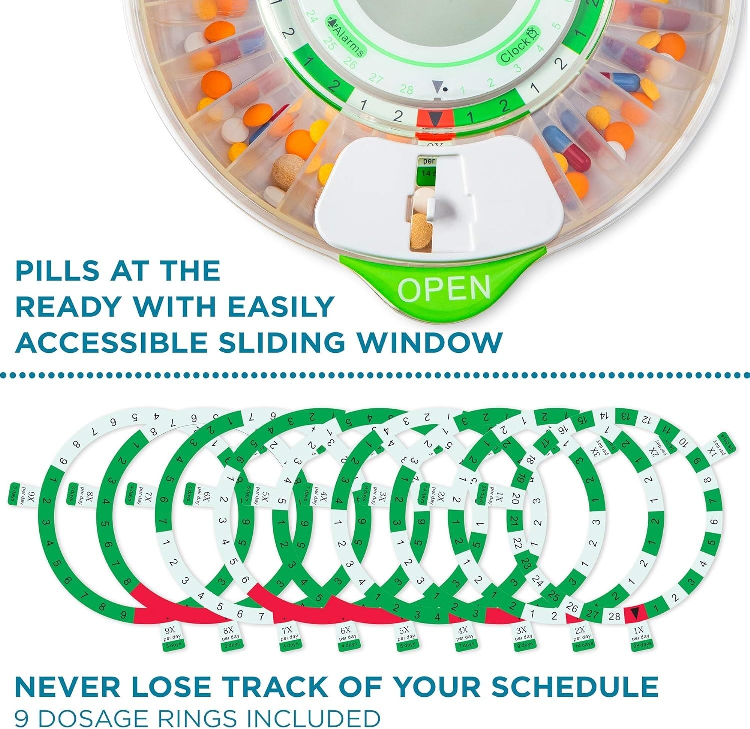 Automatic 28-Day Medication Organizer with Adjustable Sound and Visual Alarms