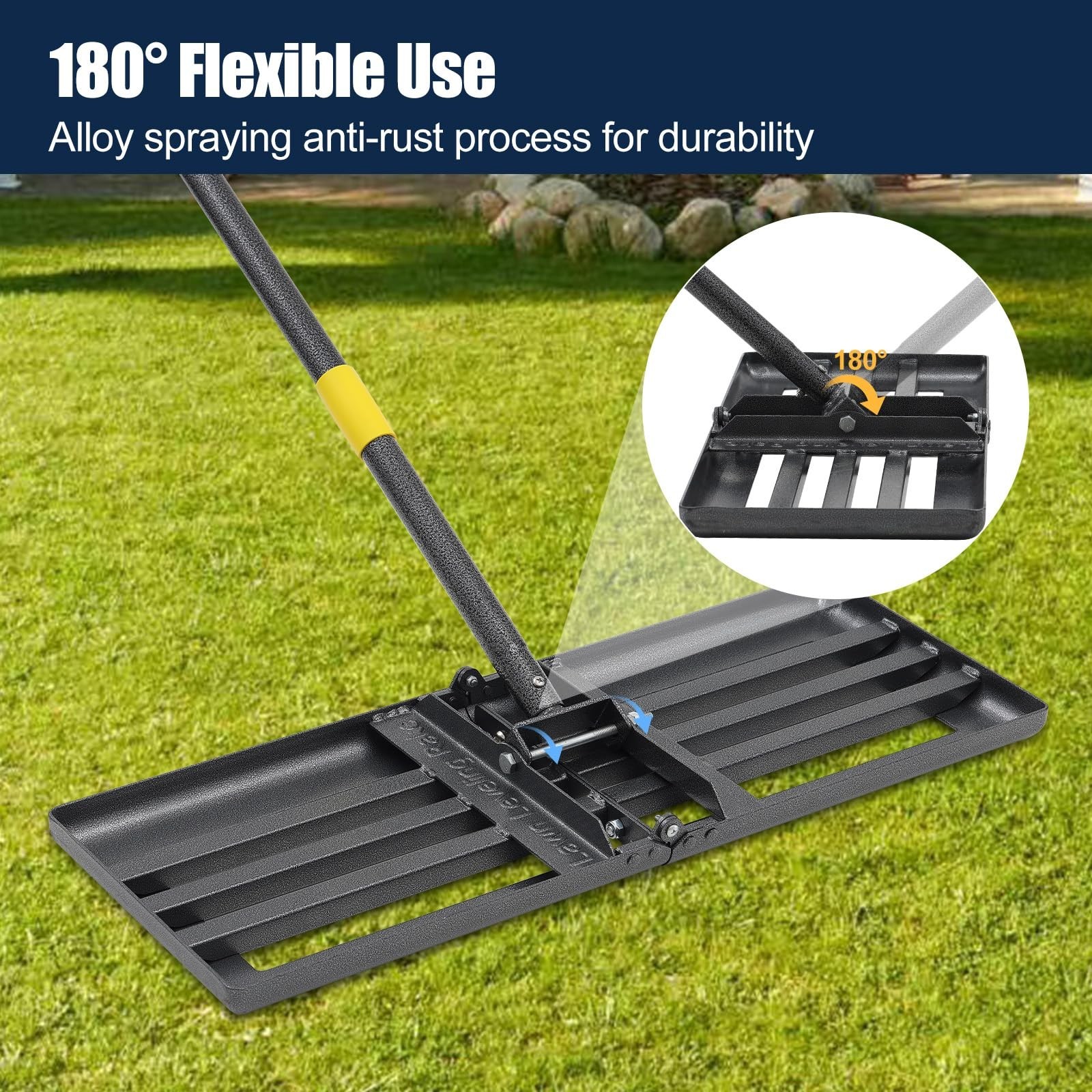 Heavy Duty Lawn Leveling Rake 30"x10" - Adjustable 72" Handle, Foldable Soil Gra