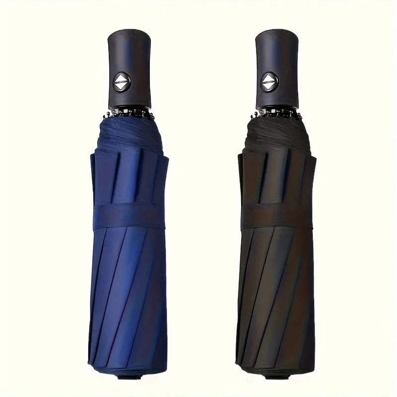 Three-Fold Black Vinyl Super Strong Umbrella, UV Protection, Solid Color, Fresh