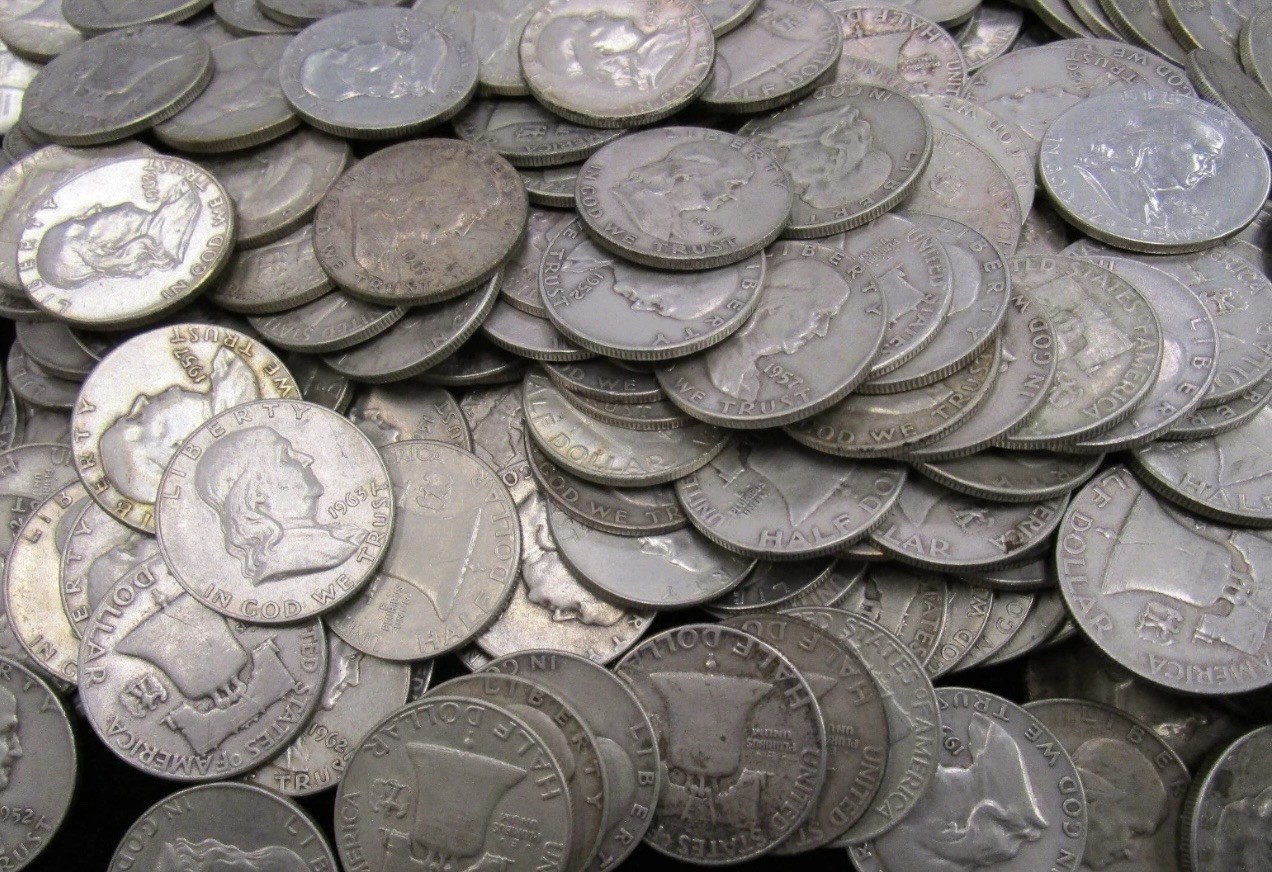 20 Franklin Silver Half Dollars, $10 Face Value MIXED DATES FV 50c roll