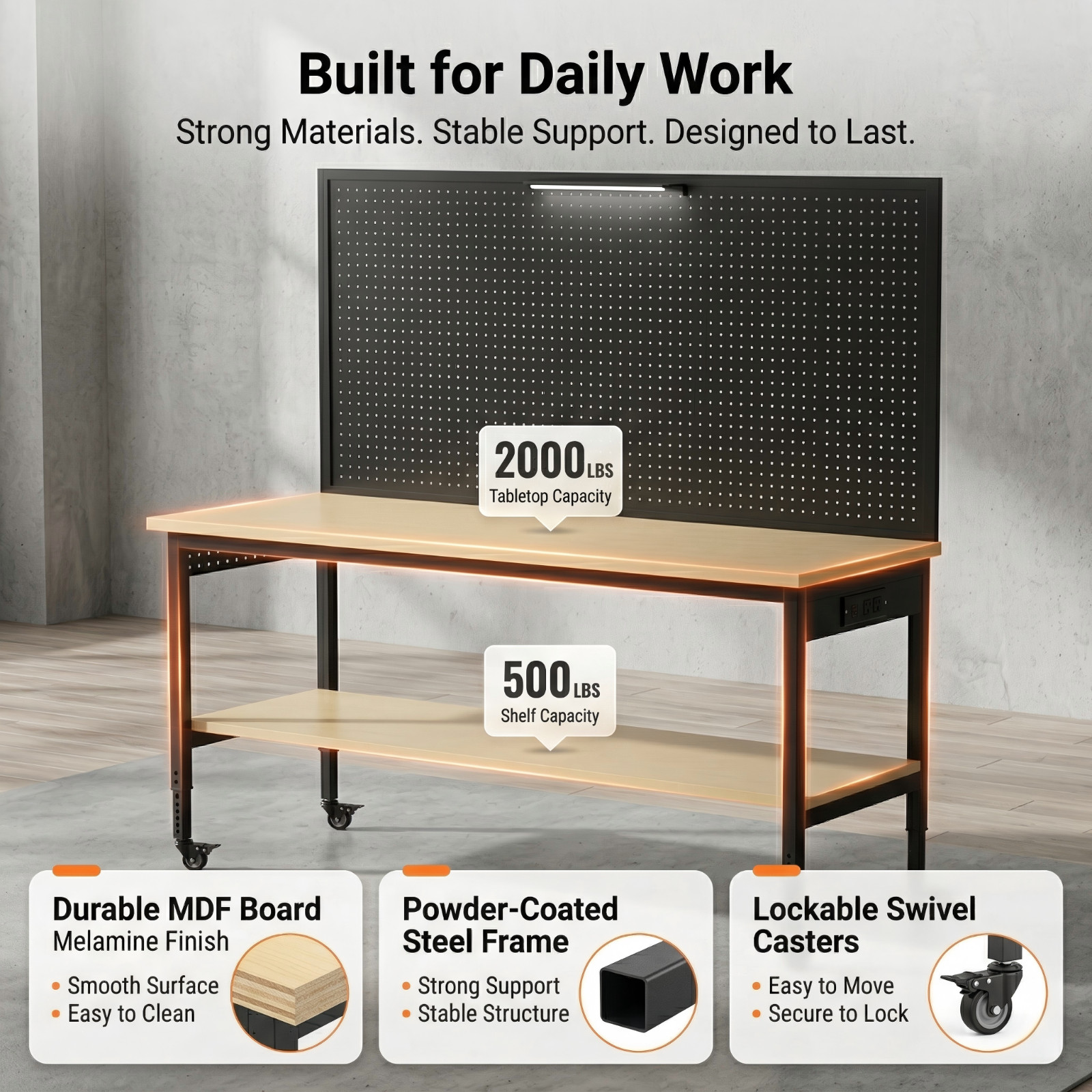 60" Garage Workbench 2000LBS w/ Pegboard LED Light Adjustable Rolling Table