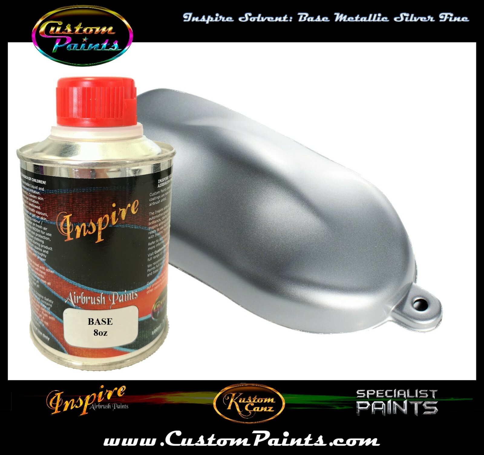 INSPIRE AIRBRUSH BASE METALLIC SILVER FINE 8oz (SOLVENT), CUSTOM PAINT, ARTIST