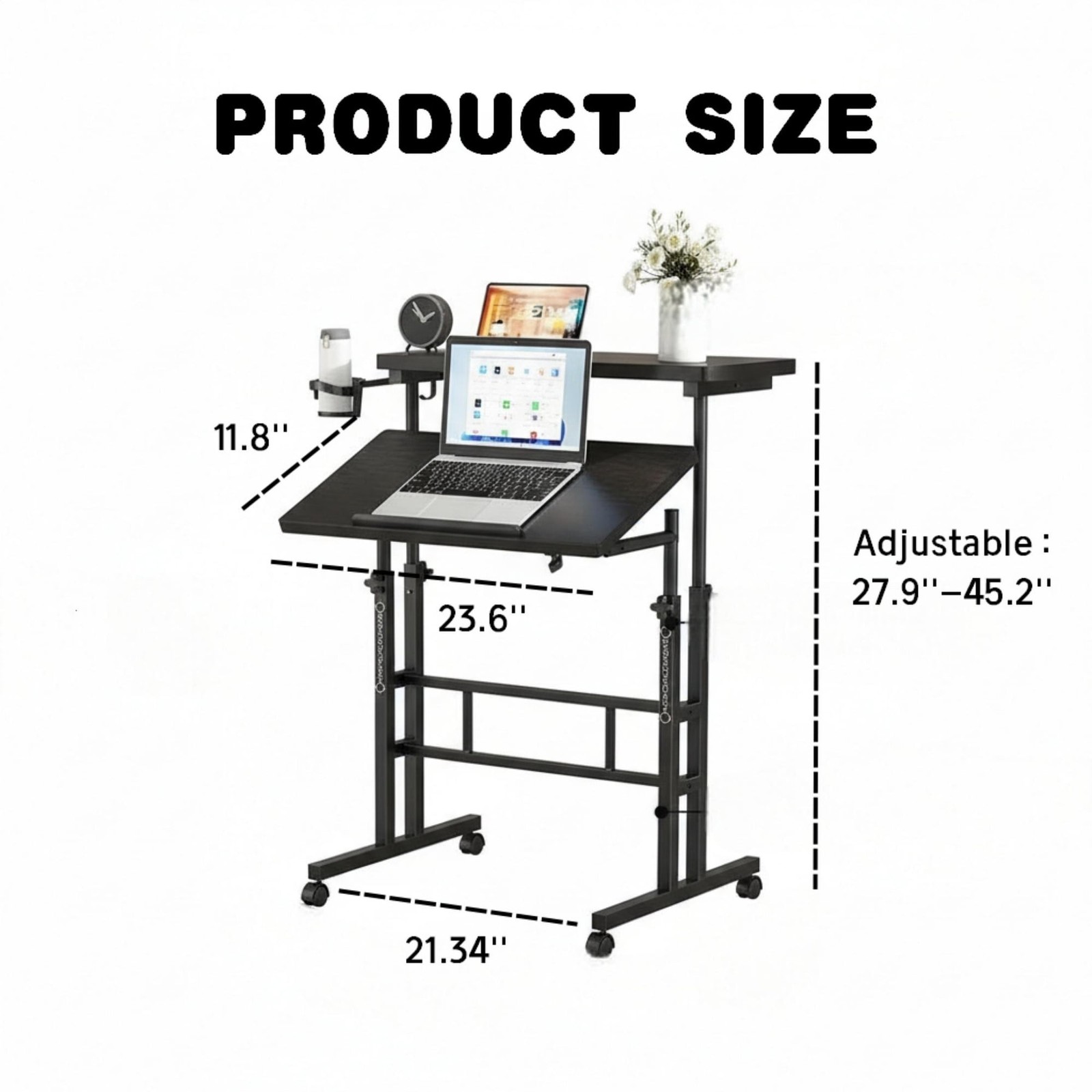 Dual Desktop Height Adjust Rolling Desk w/Cup Holder&Hook,Stand Computer Table
