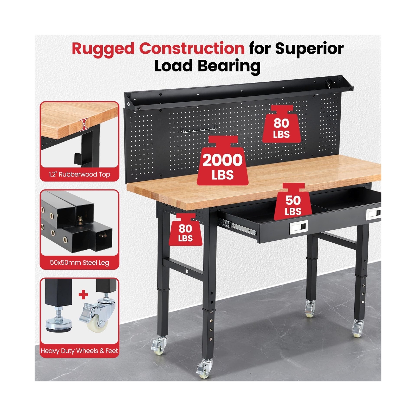 Workbenches for Garage Work Bench with Wheels 60 Inch Adjustable Rubber Wood ...