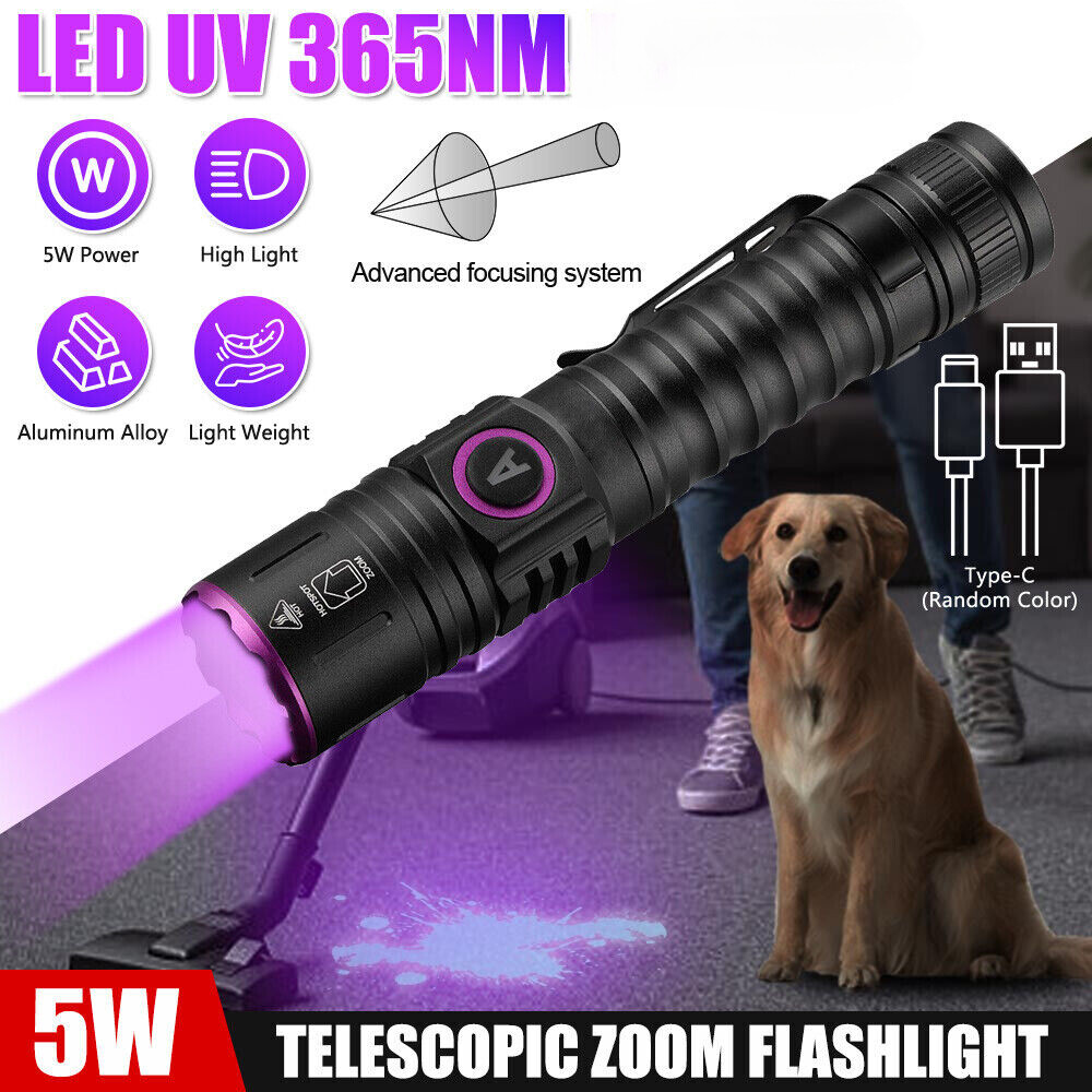 USB Rechargeable UV Light LED Flashlight 365nm Blacklight Inspect Torch Zoomable