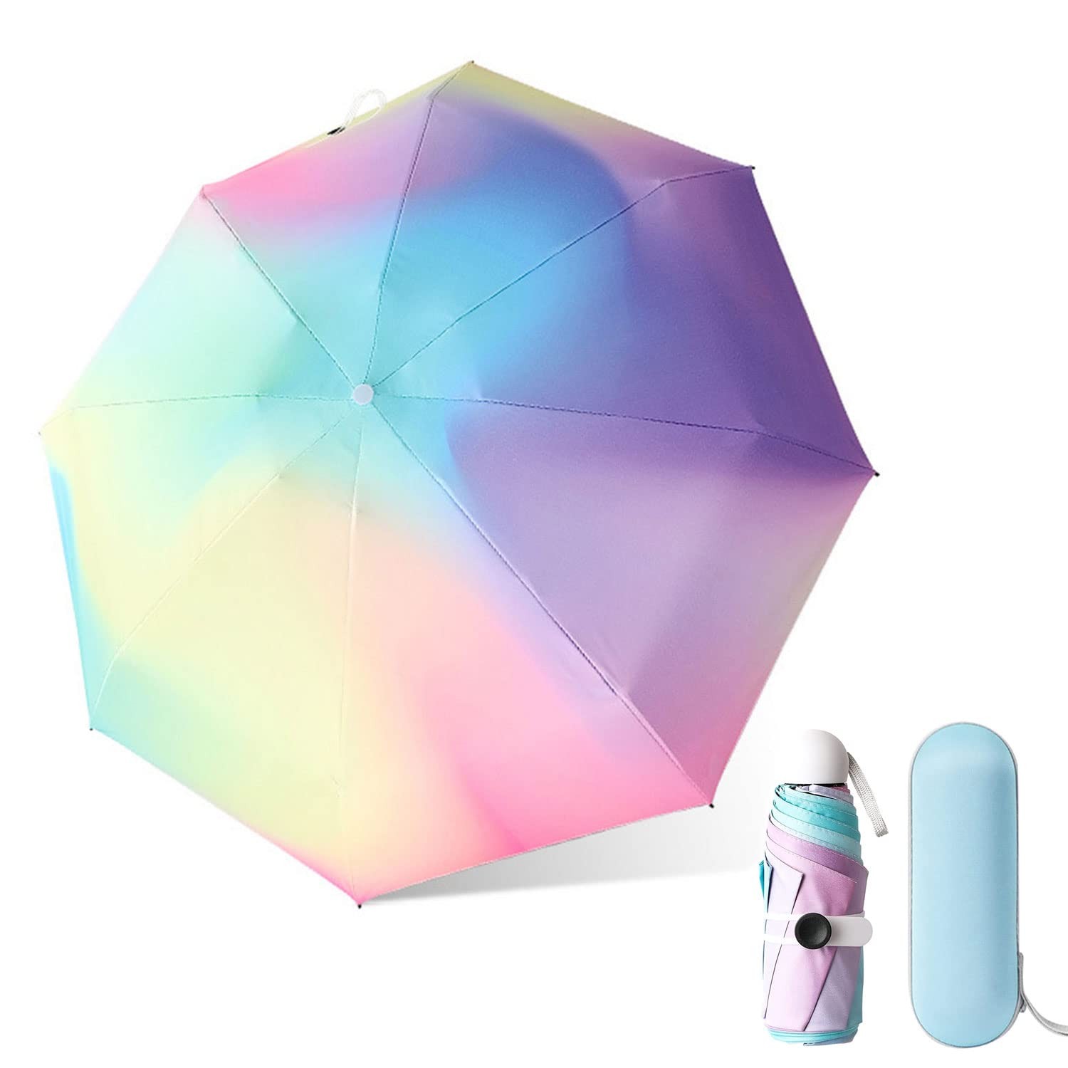 YumSur Mini Travel Sun & Rain Umbrella, Small UV Compact Small, Rainbow