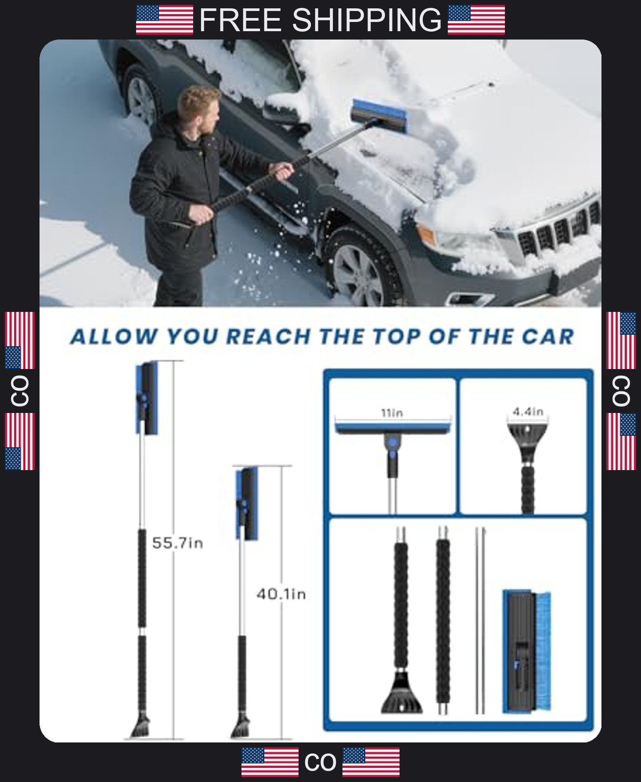 Extendable Car Snow Brush with Ice Scraper and Rotating Head